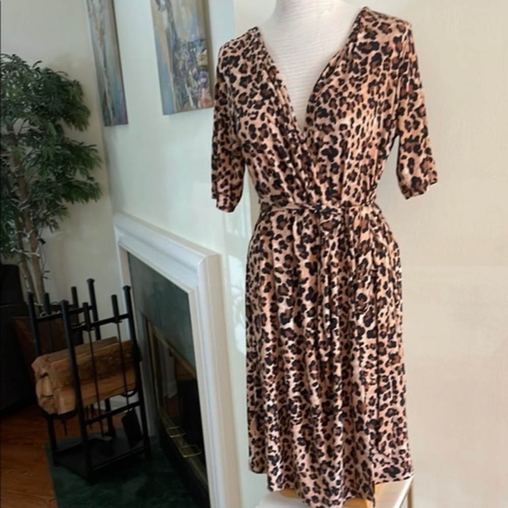 Motherhood Maternity Leopard Wrap Dress Brown/Black V-Neck Tie Belted L
